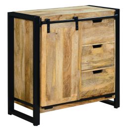 DunaWest 35 Inch 3 Drawer Storage Cabinet; 1 Barn Sliding Door; Mango Wood; Brown and Black