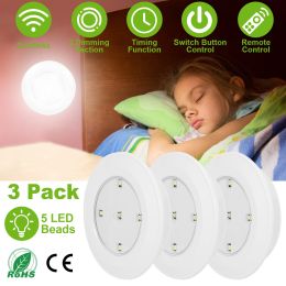 3Pcs LED Night Light Cordless Battery-Powered Closet Lamp Dimmable w/ Remote Stick-on