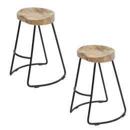 DunaWest Ela 30 Inch Mango Wood Industrial Barstool; Saddle Seat; Iron Frame; Set of 2; Natural; Black