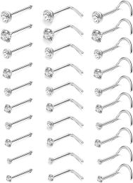 30 PCS 20g Stainless Steel Nose Stud Set for Women Men L Screw Shaped Nose Rings 1.5mm 2mm 2.5mm 3mm 3.5mm 4mm CZ Nose Studs Piercing Jewelry