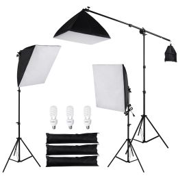 Large Photography Softbox Continuous Photo Lighting Kit  Boom Arm Hairlight with Sandbag  3x(24*24)Softbox Boom 3x7ft Studio Tripod 3x45wLight Bulb