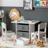 Kids Art Play Wood Table and 2 Chairs Set with Storage Baskets Puzzle