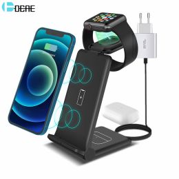 3 in 1 Wireless Charger for iPhone 14 13 12 11 8 X XS XR Apple Watch 8 7 Airpods Pro Qi Fast Charging Stand For Samsung S22 S21 (Color: White)
