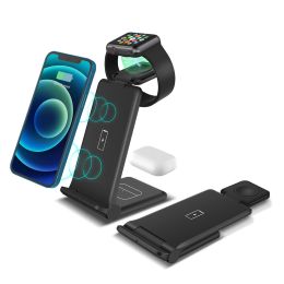 3 in 1 Wireless Charger for iPhone 14 13 12 11 8 X XS XR Apple Watch 8 7 Airpods Pro Qi Fast Charging Stand For Samsung S22 S21 (Color: Black)