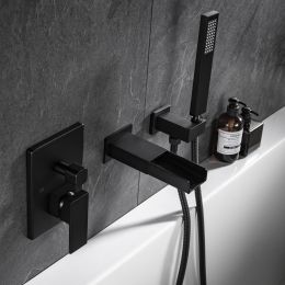 TrustMade Pressure-Balance Waterfall Single Handle Wall Mount Tub Faucet with Hand Shower - 2W01 (Color: Matte Black)