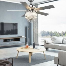 52 Inch Crystal Ceiling Fan Lamp w/ 5 Reversible Blades (Color: Sliver)
