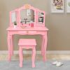 Children's Wooden Dressing Table Three-Sided Folding Mirror Dressing Table Chair Single Drawer  Crown Style  YJ