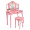 Children's Wooden Dressing Table Three-Sided Folding Mirror Dressing Table Chair Single Drawer  Crown Style  YJ